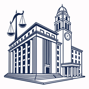 A blue and white drawing of a courthouse with a clock tower and scales