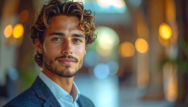 Confident Young Man with Curly Hair and Beard Looking at Camera.