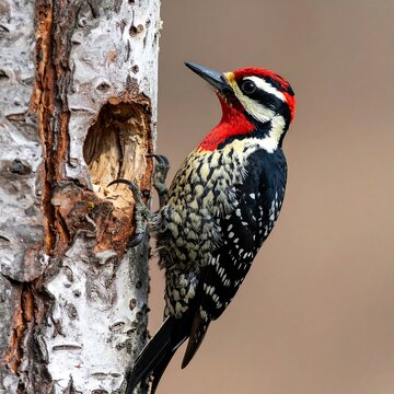 A woodpecker perches on a tree, peering upwards