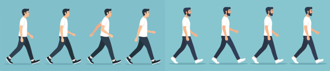 Fototapeta premium A flat vector illustration showing a side view of a man walking in a full walk cycle sequence. Minimalist flat design, clean lines, simple shapes, soft shadow