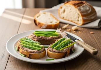 Savory spread topped with fresh green stalks served on bread slices arranged on a white plate