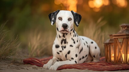 A serene Dalmatian rests on a blanket beside a lantern, surrounded by tall grass and a warm sunset glow.