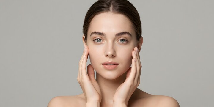 Attractive young woman touches her face in a beauty skincare concept studio shot