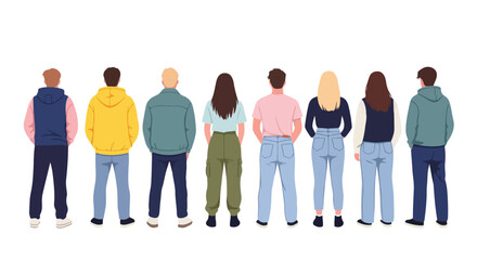 Obraz premium Full-body view of a diverse group of young men and women standing in a straight line, back view. Modern casual outfits in mixed bright and neutral colors. Clean flat vector style
