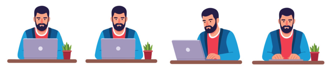 Flat vector illustration of a bearded man working at a desk with a laptop, showcasing a range of emotions and states including surprise, frustration, a sudden idea, and deep thought. Digital art style