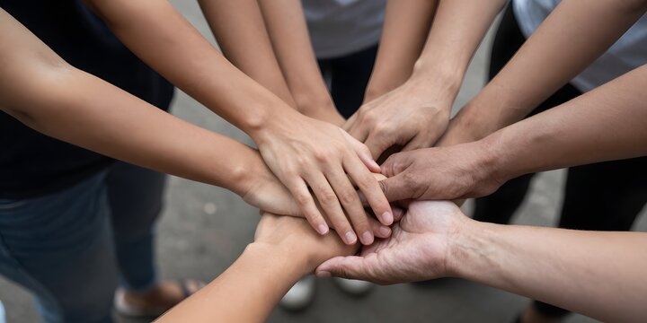 Diverse group of people put hands together in center symbolizing unity