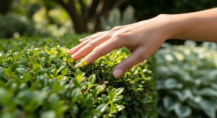 Human hand gently touches the lush green foliage of a dense outdoor shrubbery