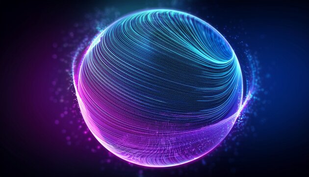 blue and purple neon 3d sphere of gradient waves and glowing particles abstract technology concept artificial intelligence engineering big data and innovations vibrant futuristic sphere