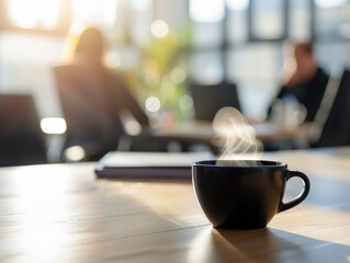 Steaming Coffee Cup in Office Setting