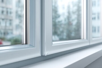 Modern white window frame with a blurred urban background on a bright day