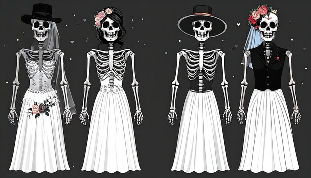 Four skeletons in wedding attire, standing side-by-side against a dark gray background. Floral accents and hats adorn