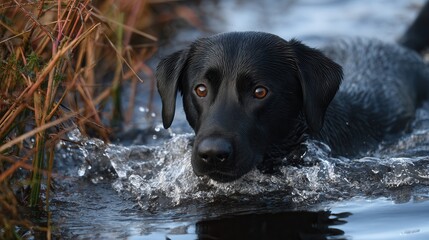 Wet black Lab with amber eyes wading, splashing in shallow water, amid autumn reeds, focused gaze forward, natural light, cool water vs warm grasses.