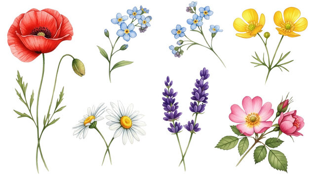 Watercolor wildflowers png poppies daisies forget-me-not buttercups lavender isolated png image