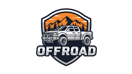 A rugged white pickup truck is depicted in a logo design, set against a backdrop of mountains and pine trees, with the word "OFFROAD" prominently displayed below. © morph