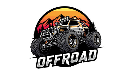 Illustration of a powerful off-road monster truck with large tires, driving through a mountainous landscape at sunset. © morph