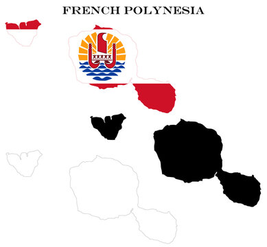 French Polynesia Map Bundle with Flag, Black Silhouette and Detailed Outline Contours