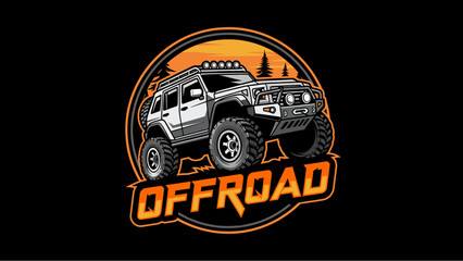 An illustration of a lifted off-road vehicle with large tires, spotlights, and rugged features, set against a backdrop of trees and a sunset. © morph