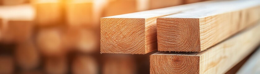 Obraz premium Golden light illuminates stacked lumber, showcasing warm wood grain and textures. Abstract composition implies construction and natural beauty. Lumber, Wood Grain, Construction,