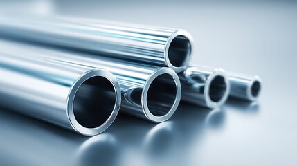 Fototapeta premium Shiny metallic pipes stacked and arranged in a clean, modern industrial setting