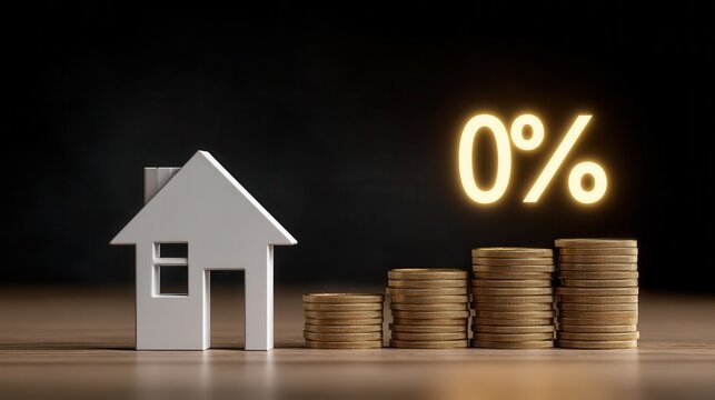 White house model stands beside ascending stacks of gold coins on wooden surface, with glowing 0% symbol above, conveying zero interest rate concept in financial context.