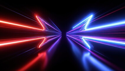 Fototapeta premium Abstract futuristic tunnel with glowing red and blue neon star shapes moving fast