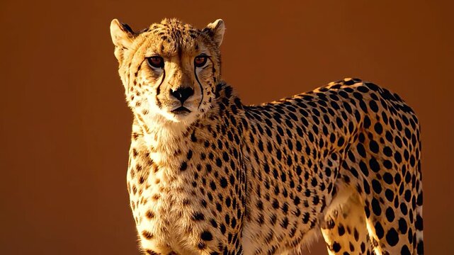 Cheetahs closeup portraits against warm brown background showing diverse poses of this magnificent animal