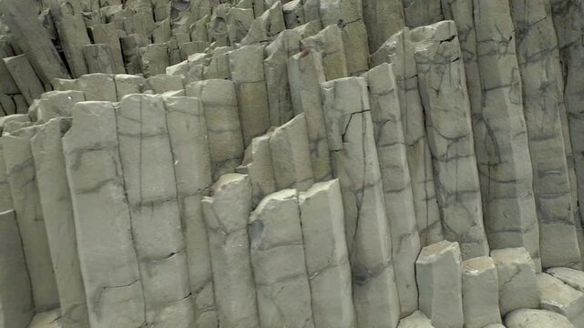 Detail of the hexagonal volcanic basalt columns on the famous Reynisfjara beach in southern Iceland