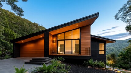 Fototapeta premium Modern Forest Retreat Sloped roof, woodblack facade, large windows, mountain backdrop. Sustainable design, luxury living. Architectural, Nature-inspired