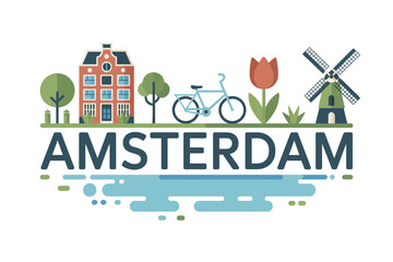 Naklejka premium Amsterdam City Landmarks Illustration with Windmill and Bicycle