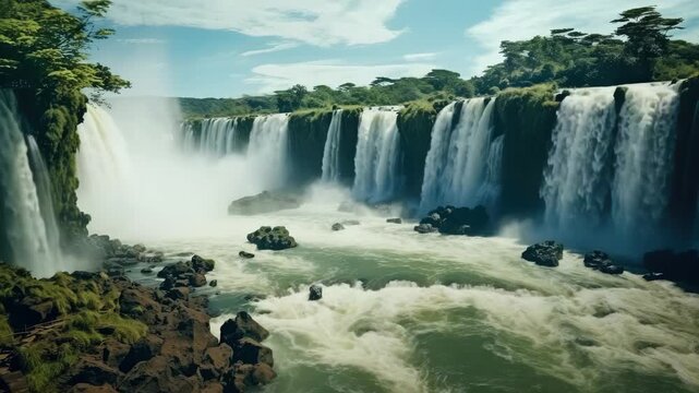 Breathtaking view of a massive waterfall surrounded by lush greenery and jagged rocks.
