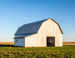 Obraz premium White Barn in a Green Field Under a Clear Blue Sky.