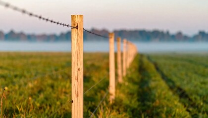 Obraz premium Wooden fence posts with barbed wire stretching across a green field at dawn, creating a boundary line in the misty countryside.