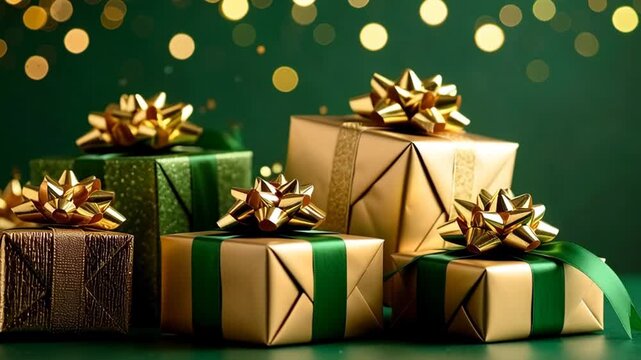 Luxurious pile of golden and green wrapped presents with sparkling gold bows