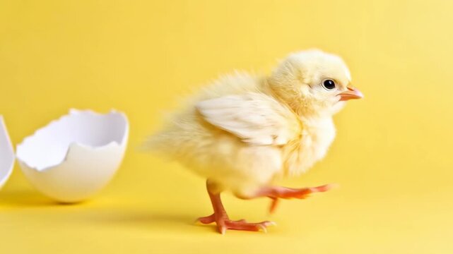 Fluffy yellow chick emerges from cracked eggshell against bright yellow background