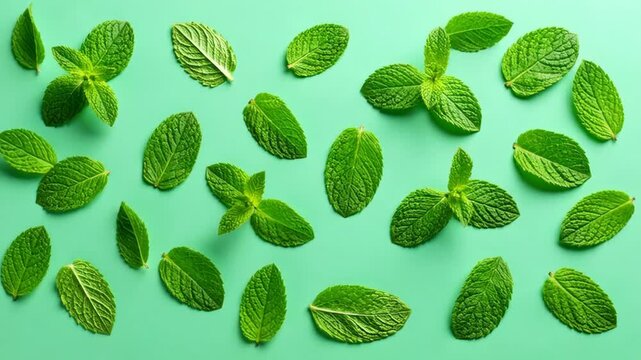 Fresh Mint Leaves Patterned on a Green Background