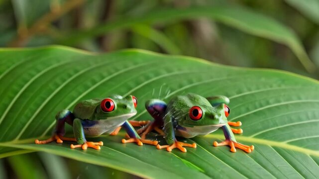 Two red eyed tree frogs perched on a vibrant heliconia flower with green foliage