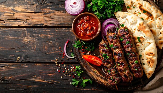 Ćevapi mit Ajvar auf rustikalem Holzhintergrund mit Copyspace