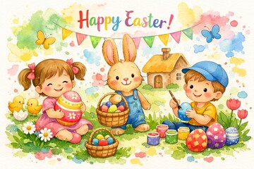 Fototapeta premium Easter watercolor painting of children and bunny with colorful eggs. Holiday family event on green grass. Spring greeting card
