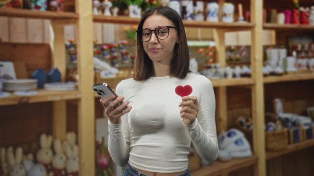 Woman holding red heart and scrolling smartphone, smiling and glancing at screen inside a building; affectionate connection.