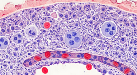 Obraz premium Detailed microscopic image of biological tissue, revealing diverse cellular components, prominent cell nuclei, and circulating red blood cells within a blood vessel, illustrating cellular biology