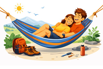 Obraz premium Young caucasian couple relaxing in colorful hammock with mountain view.