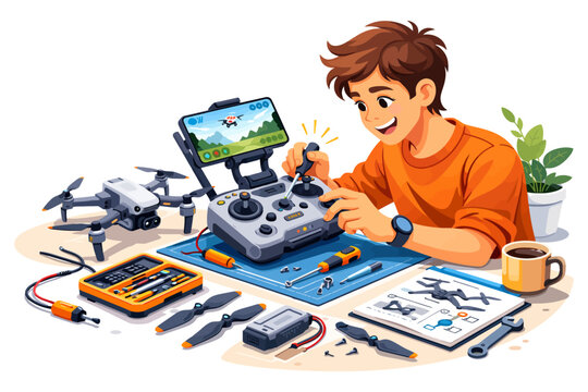 Young caucasian male repairing drone with remote controller and tools.