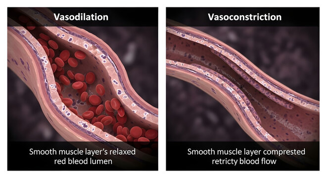 Illustration comparing vasodilation and vasoconstriction, showing smooth muscle control of vessel diameter and blood flow regulation in the human circulatory system