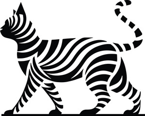 Black zebra striped cat silhouette walking pose, modern minimal vector design isolated on white background.