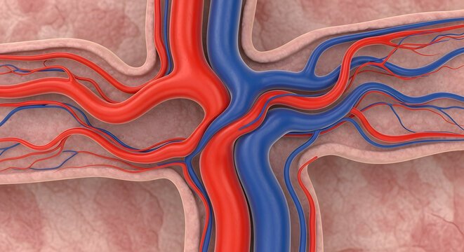 Close-up medical illustration of the human circulatory system showing arteries and veins