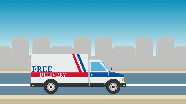 Seamless loop delivery car animation driving on the road with a city building background. Transportation, vehicle vector Looping animation