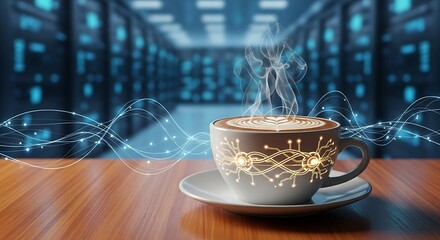 Steaming cup of coffee with digital circuitry design rests on a wooden surface before a blurred data center backdrop
