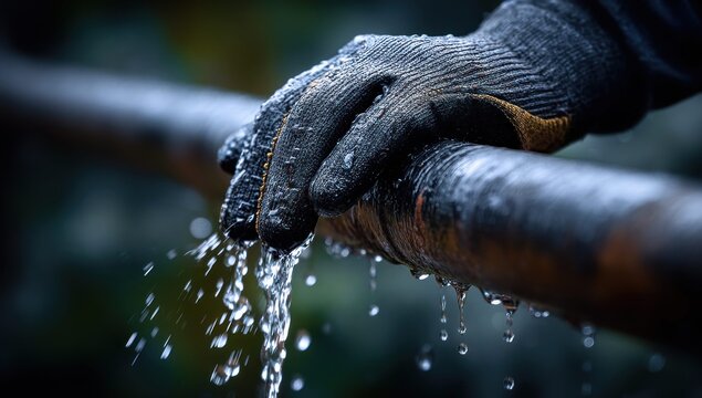 Close-up of gloved hand touching a leaking pipe with water dripping