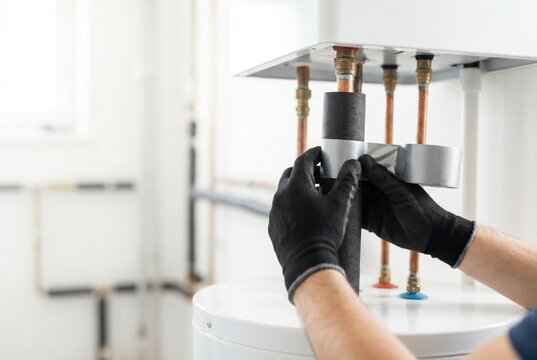 Plumber in gloves insulating hot water pipes with foam and duct tape for energy conservation.