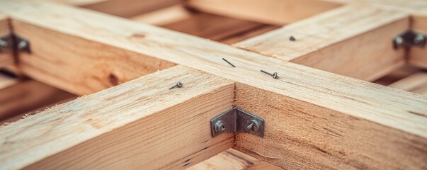 Wooden Structure Joined Close-up of intersecting timber beams reinforced with metal brackets and nails, highlighting craftsmanship. Construction, Woodworking
